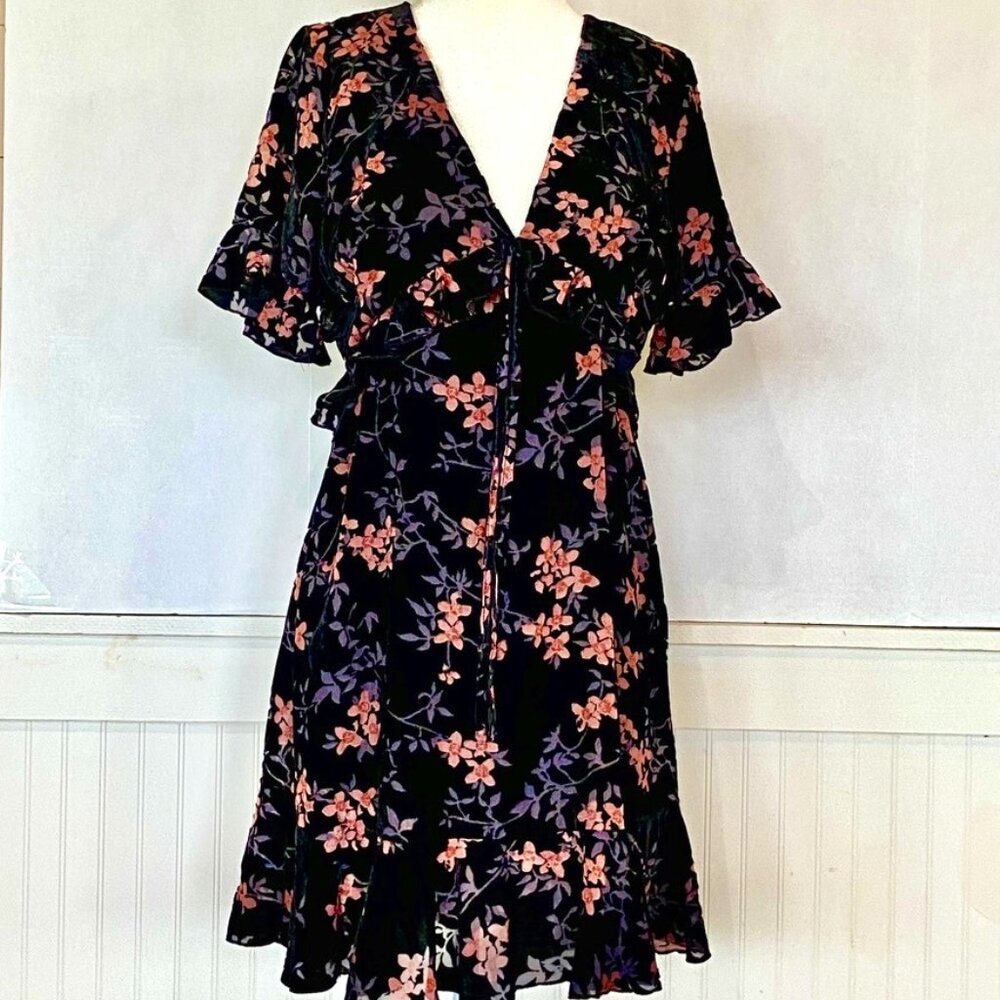 Vici Black With Floral Burn Out Velvet  Midi Dress Sz L